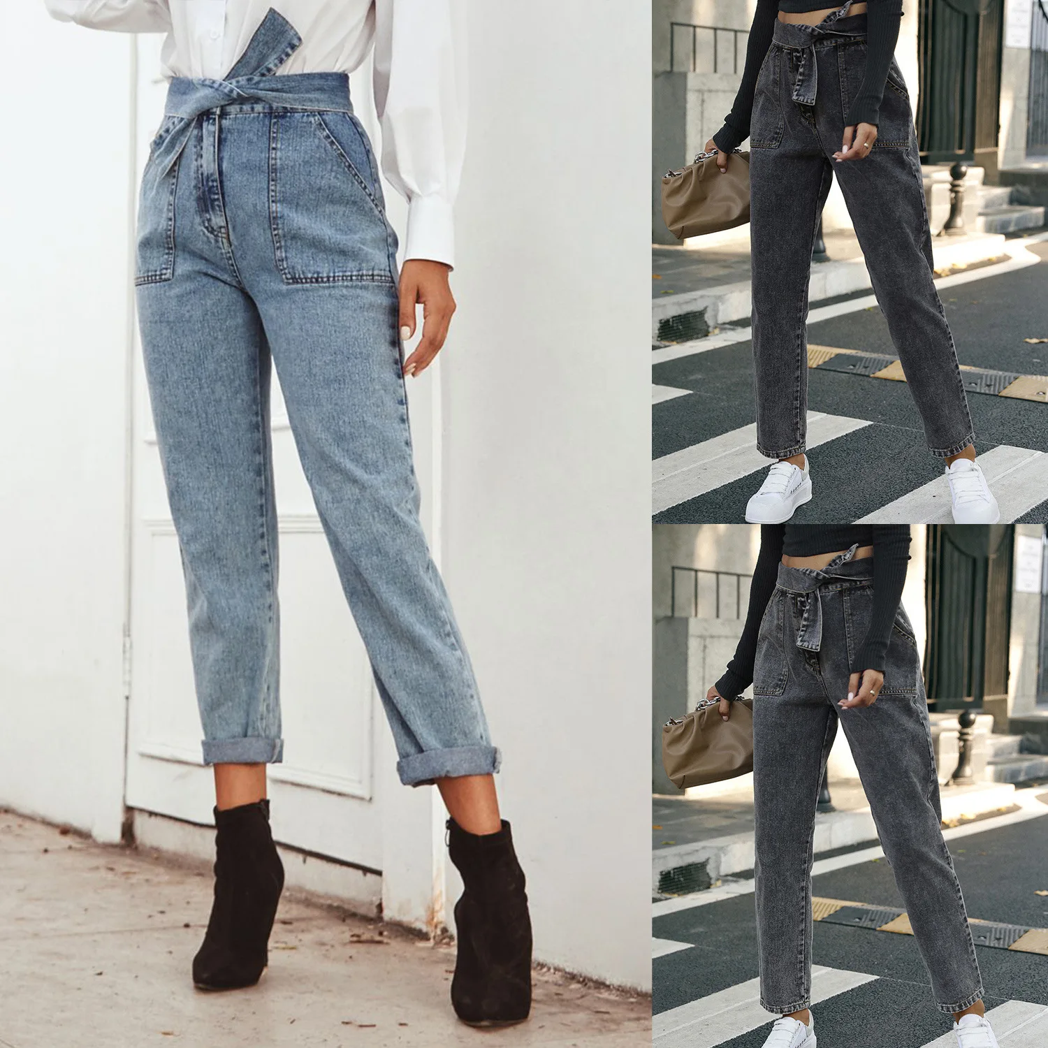 

Женские джинсы, осенние джинсы с прямыми штанинами, джинсы с высокой талией, карманами и заплатками, повседневные брюки на шнуровке, брюки с ...