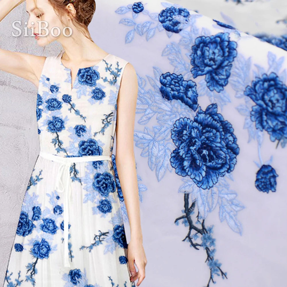 Китайский стиль 3D синяя Цветочная вышивка шелковая ткань для платья пальто