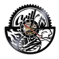 grill bbq party retro wall clock for home bar pub shop barbecue roast meat toast grilling carved gramophone music record clock