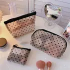 Сетчатые косметички, милые вместительные прозрачные сумки на молнии с черным сердцем, чехол для карандашей и ручек, Портативная сумка для туалетных принадлежностей