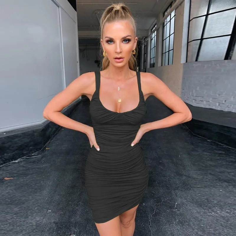 Женское сексуальное платье Летнее обтягивающее Плиссированное бедра белое