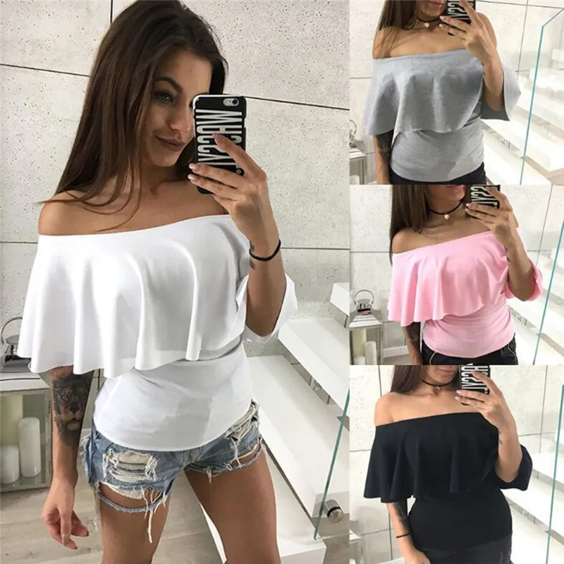

Fashion Women Summer Off Shoulder Blouse Ruffle Shirts Sexy Solid Color Tops Ladies Elegant Short Sleeve Shirt Tops
