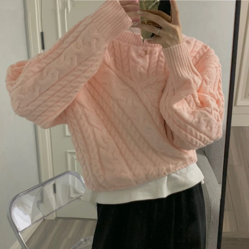 

New 2021 Women Autumn Winter Sweaters Knitted Elegant Lady Vintage Fashionable Wild Pullovers Short Pink Tops