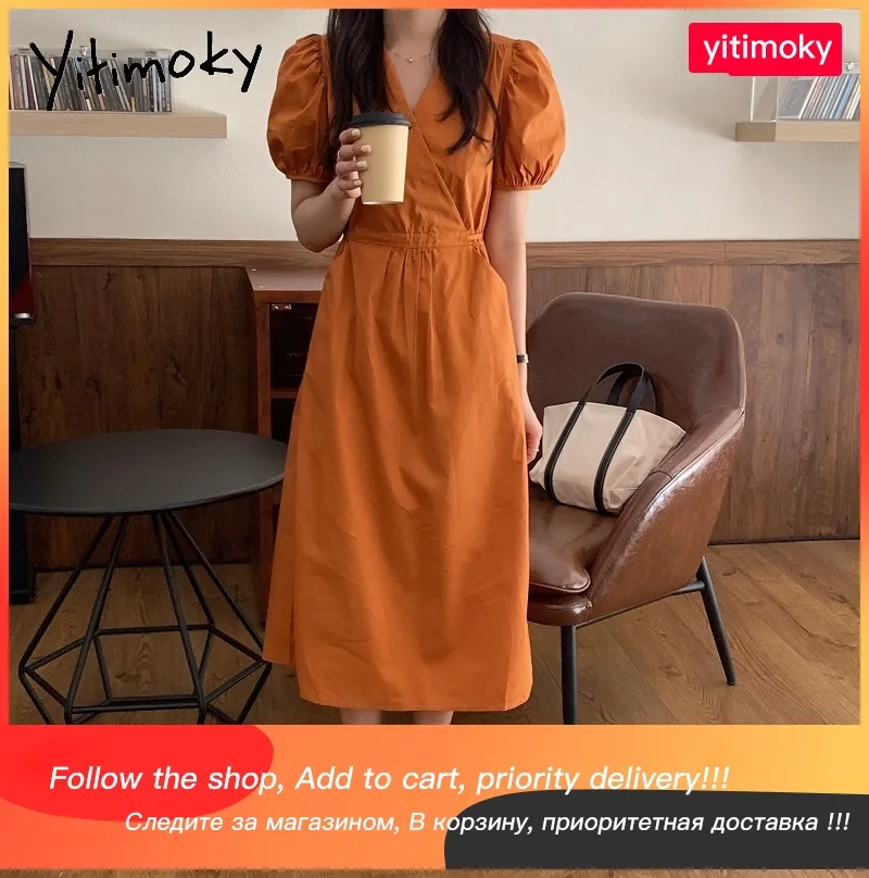 

Yitimoky Woman Dress Cotton V-Neck Puff Sleeve Dresses Solid Belt Sundress Brown A-Line Vintage Clothing 2021 Summer Fashion New