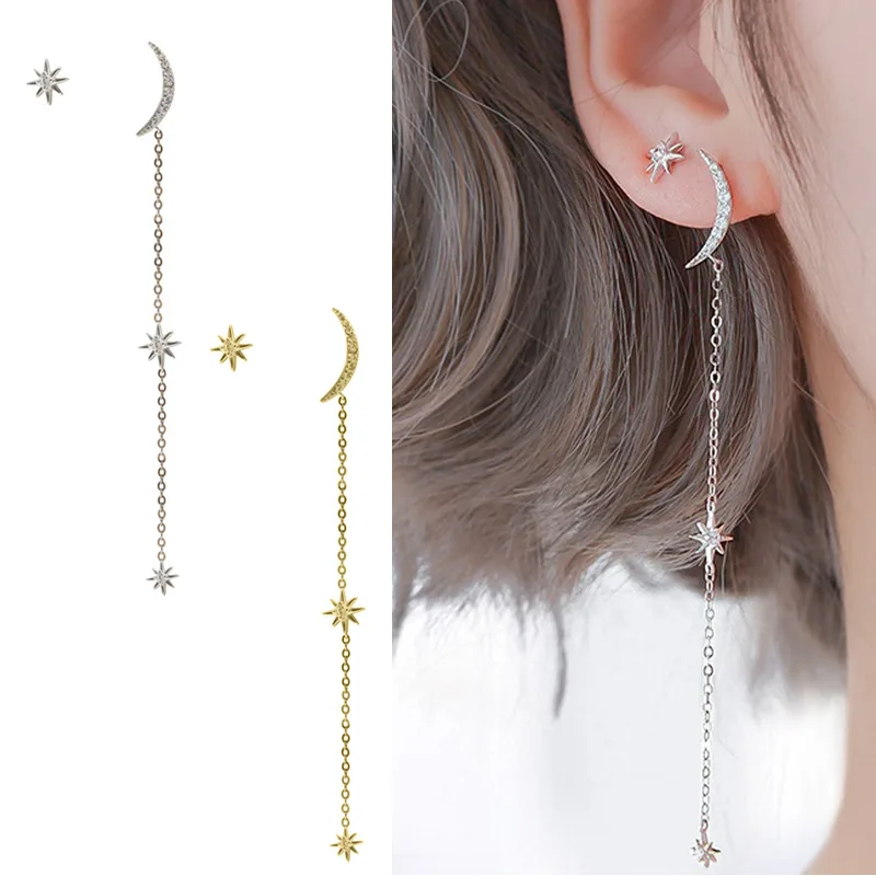 

Real 925 Sterling Silver Star Moon Drop Earrings Asymmetric Long Earrings for Women Girls Birthday Gifts
