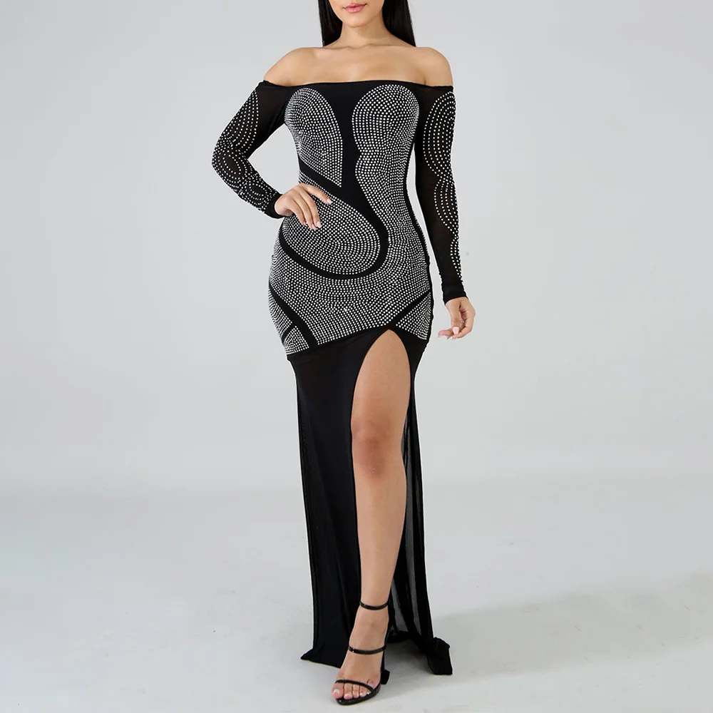 DYMADE Сексуальные вечерние платья с открытыми плечами стразы Сплит элегантное