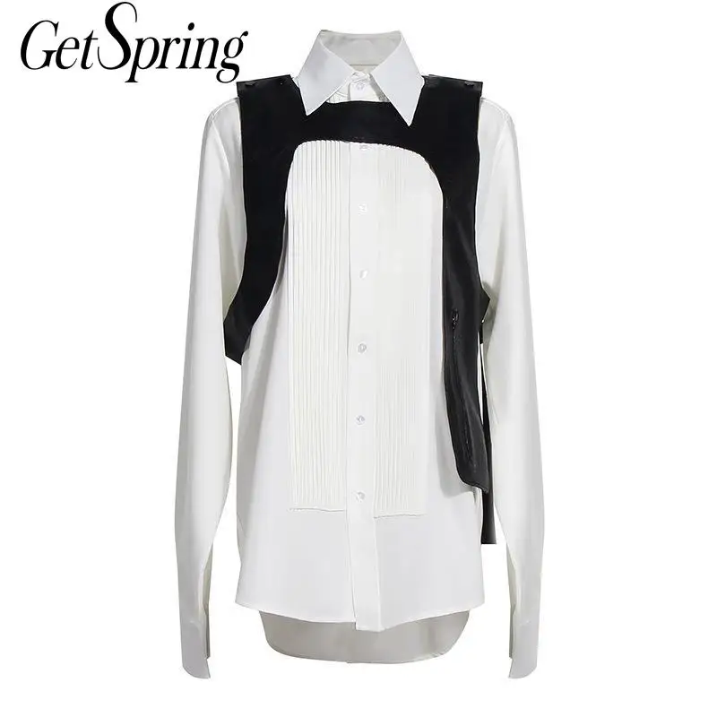 

GetSpring женская блузка плиссированная рубашка хлопковая белая рубашка с длинным рукавом Свободные бойфренды Длинные Топы Женская длинная ру...
