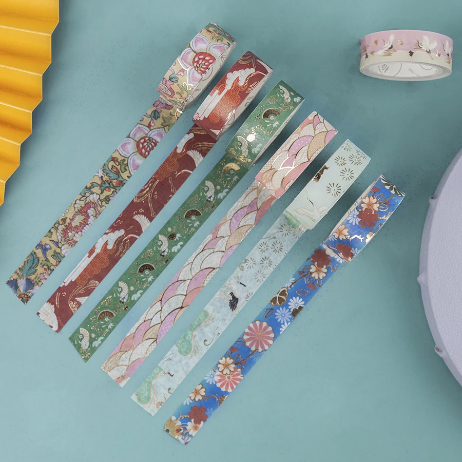 10pcs Chinese Palace Paper Washi Tape Set Luxury Gold Gilding Flower Crane Wave Adhesive Masking Tapes Stickers Decoration E6180