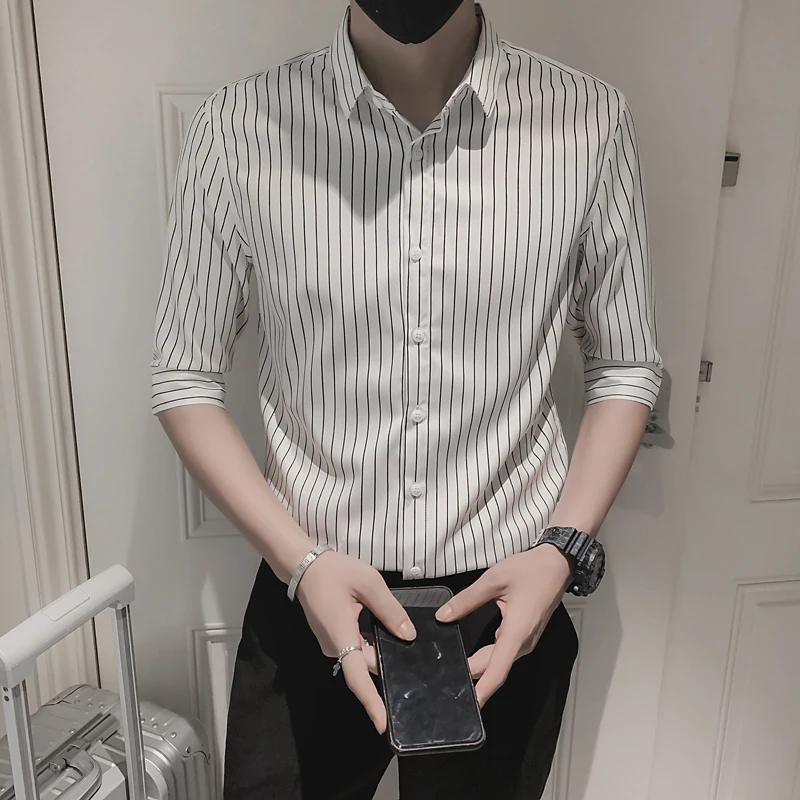 

Мужская приталенная рубашка в полоску, Повседневная Деловая Классическая рубашка с рукавом до локтя, одежда для офиса, лето 2021
