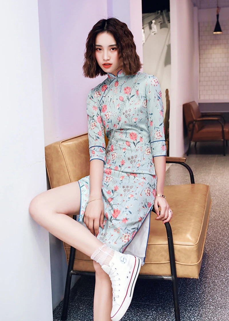 Женское приталенное платье-Ципао с длинным рукавом в китайском стиле