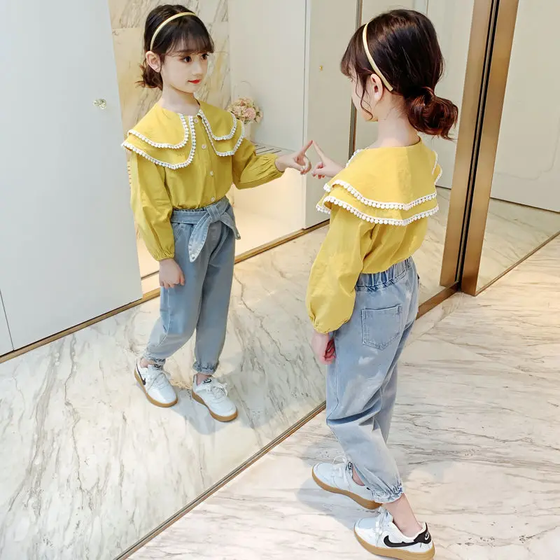 

Летняя мода 2021, одежда с длинным рукавом, блузка для маленьких девочек + джинсы, 2 шт./компл., детский костюм для девочек, повседневный костюм ...