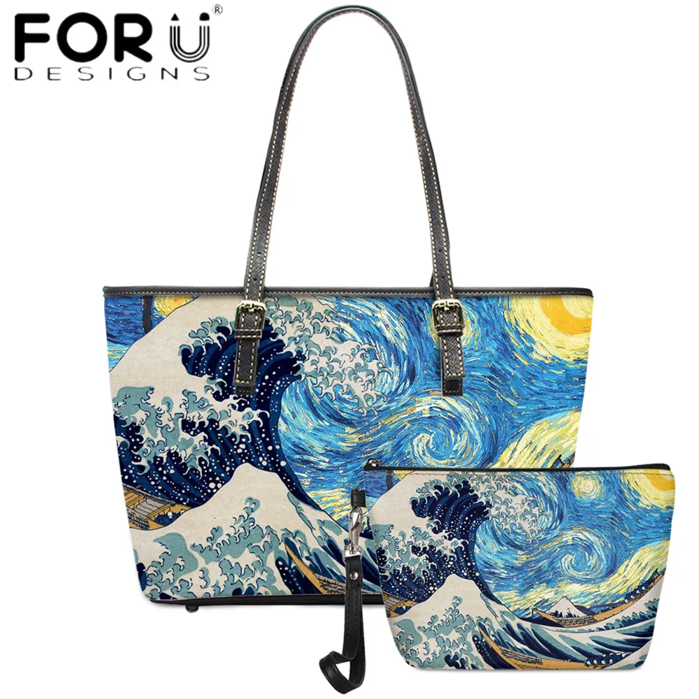 

FORUDESIGNS Luxury Designer PU 2pcs Set Totes Bag and Purse For Women Sea Wave Oil Paniting Print Ladies Casual Shoulder Bolsa