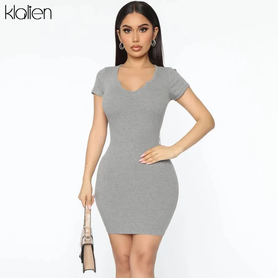 KLALIEN female casual soft slim bodycon dress summer new fashion office lady high street leisure solid mini women | Женская одежда