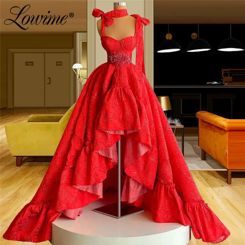 

Lowime Red High Low Prom Dresses 2021 Newest A-Line Fashion Evening Gowns Vestido De Festa Bow Spaghetti Straps Party Dress Robe