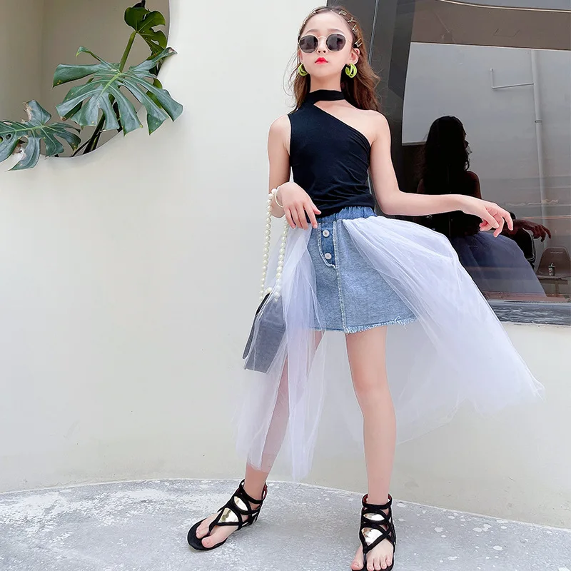 

Girls Mesh Denim Skirts Sets Dance Hiphop Fashion Show Girls Clothes 6 8 10 12 years Teen Girls Summer Suits