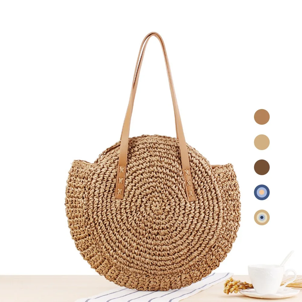 

Round Straw Beach Bag Vintage Handmade Woven Shoulder Bag Raffia circle Rattan bags Bohemian Summer Vacation Casual Bags