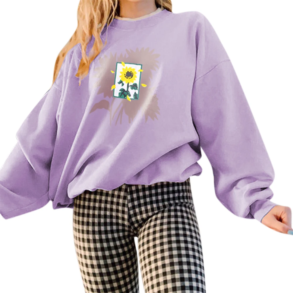 Sunflower Printed Women Pullovers Candy Color Long Sleeve Round Collar Clothes Tops Casual Girl Korean Style Sweetshirts