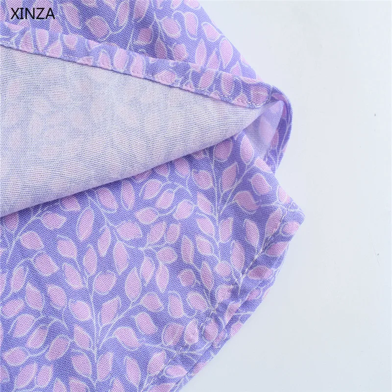 

Women Za Shorts 2021 Vintage High Waist Floral Print Summer Skort Woman Chic Back Zip Side Bows Skirt Shrots Purple Short Pants