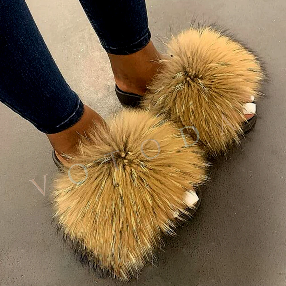 

Summer Hot women Fur Slippers Woman Realy Fur Flip Flop Ladies Fluffy Fox Fur Raccoon Fur Slides Female Indoor Slip On Fur Shoes