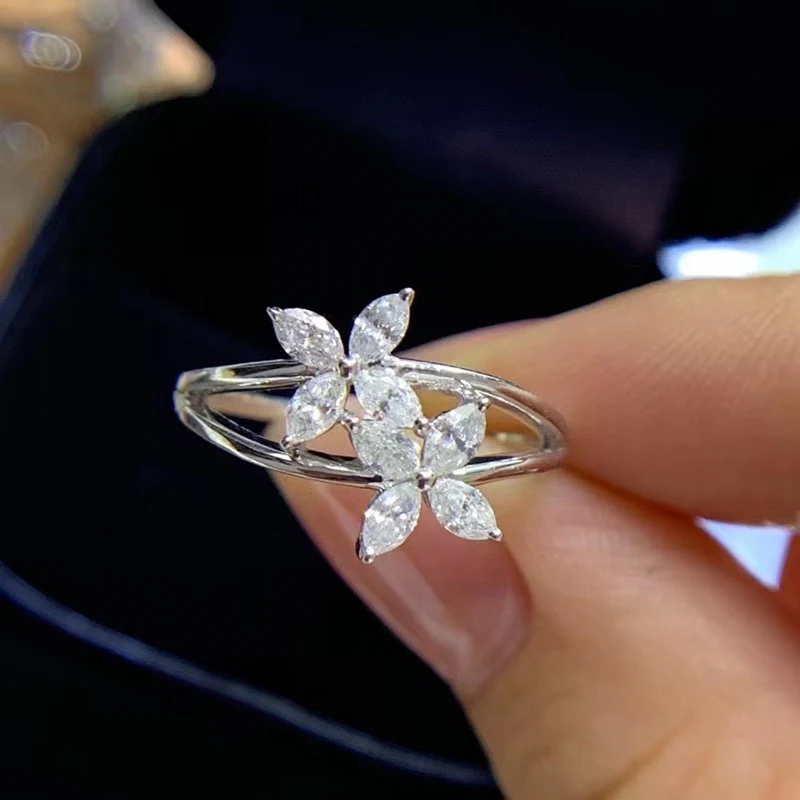 

LUOWEND 100% Real 18K White Gold Ring Luxury Marquise Cut Natural Diamond Ring Clover Shape Design for Women Wedding Party