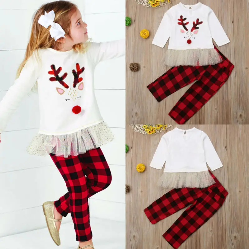 Рождественское платье для маленьких девочек топы футболка + штаны комплект из 2