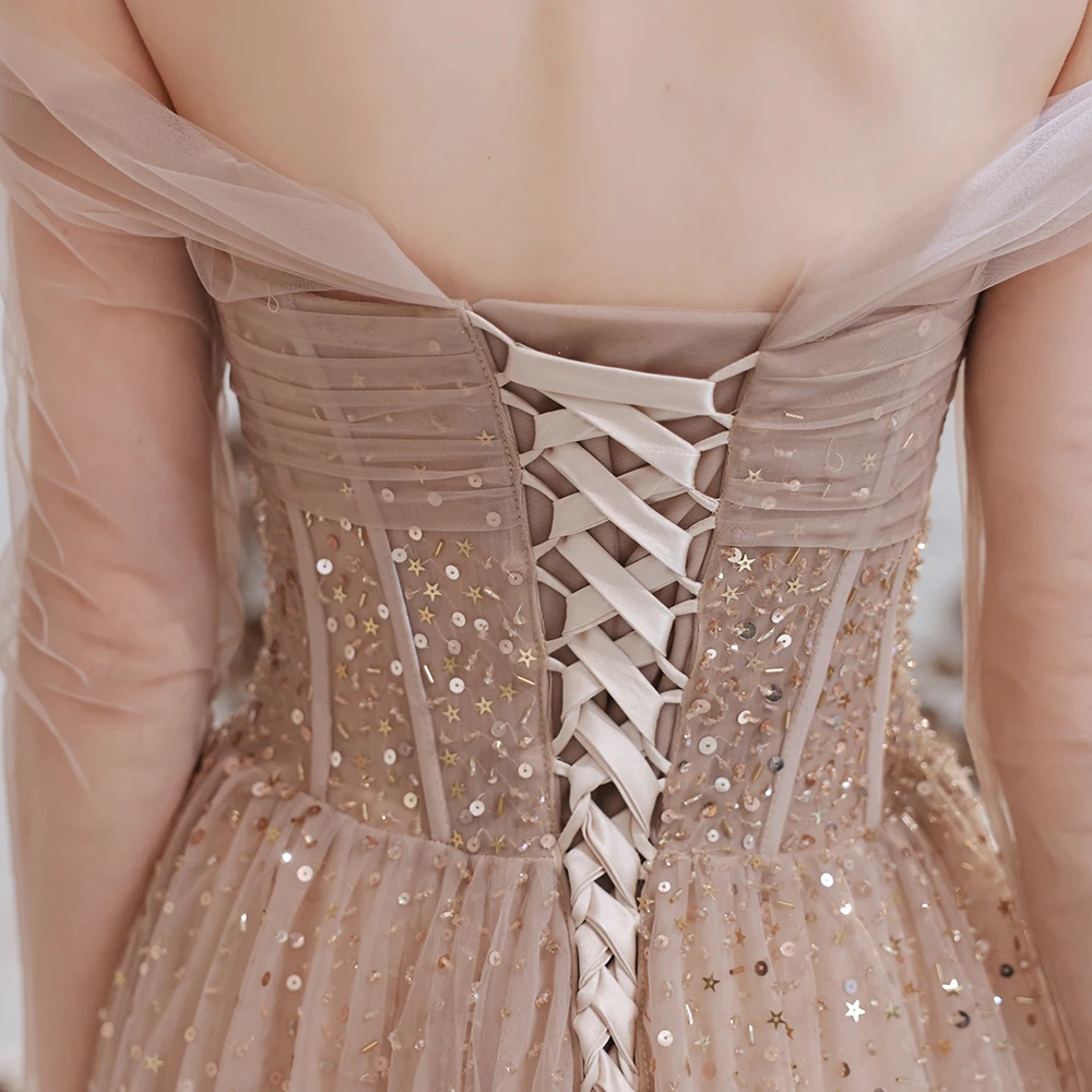 formal evening gowns Gorgeous Evening Dresses 2021 Nude Pink Sexy Off Shoulder Beaded Beading Sequined Long Sleeve Formal Gown formal evening gowns