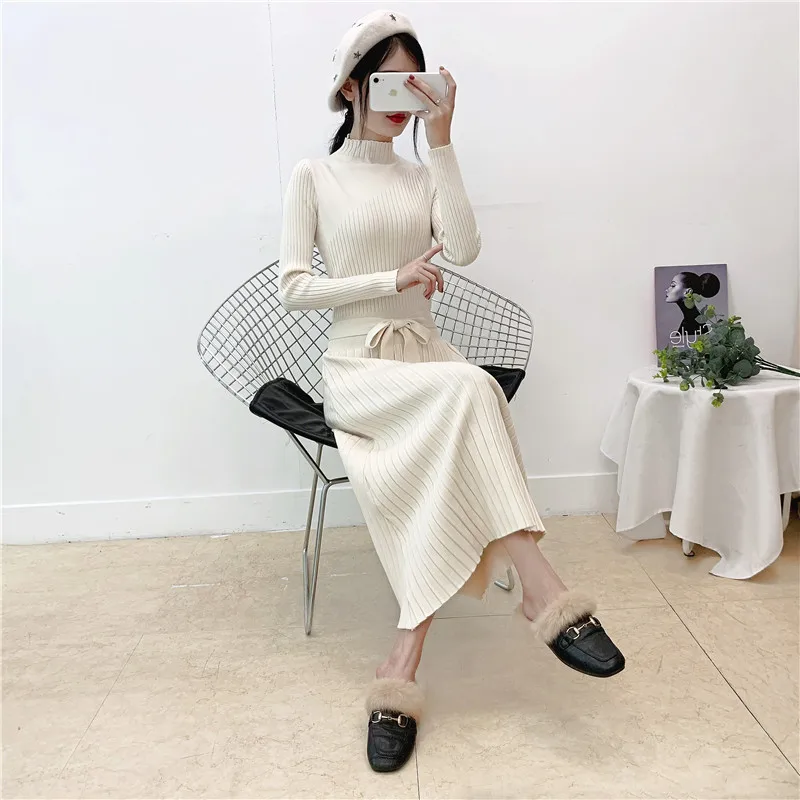 

2019 New Warm Long Sleeve Women Sweater Dress Thick Winter Woman Loose Dress Belt Solid Warm Autumn Knitting Cotton