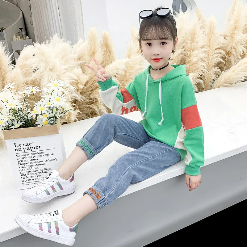 

New Spring Autumn Girls Clothing SuitsSweatshirts Jean Pant Pullover Kids Cotton Outwear High Quality Two Piece