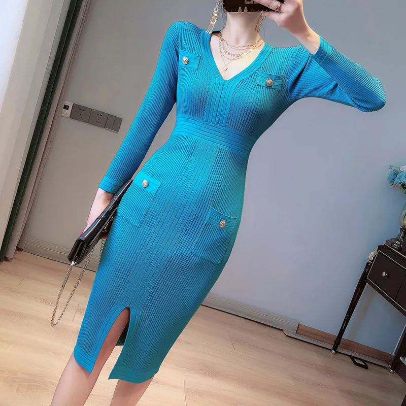 

2021 Autumn Winter Dress Women Elegant Knit Midi Dresses Fashion V Neck Long Sleeve Pack Hip Front Split Bodycon Sweater Dress