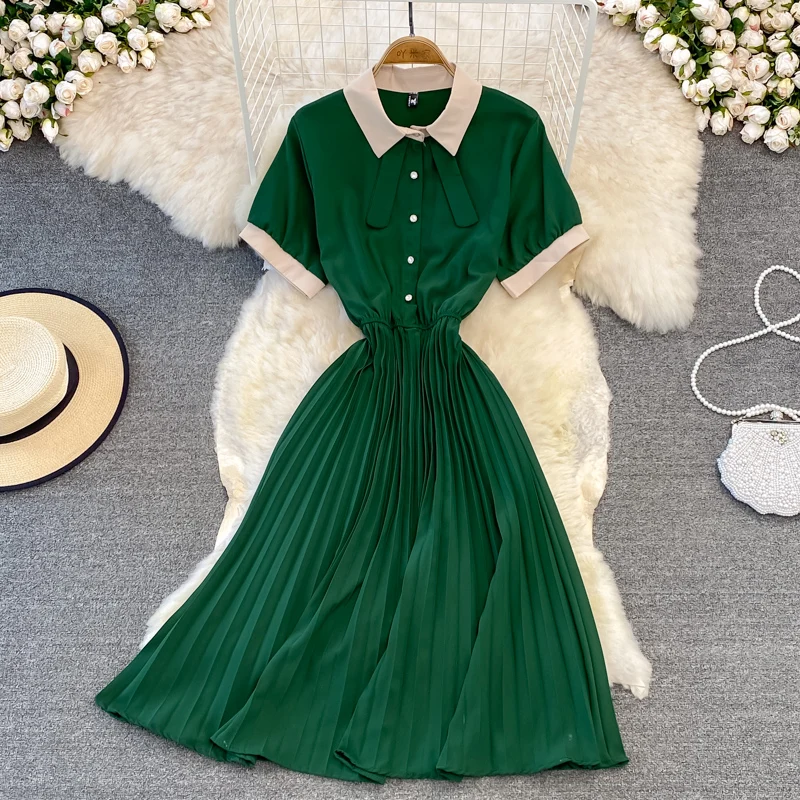 

Женское платье макси с завышенной талией, черное плиссированное платье-пуловер с воротником «Питер Пэн»