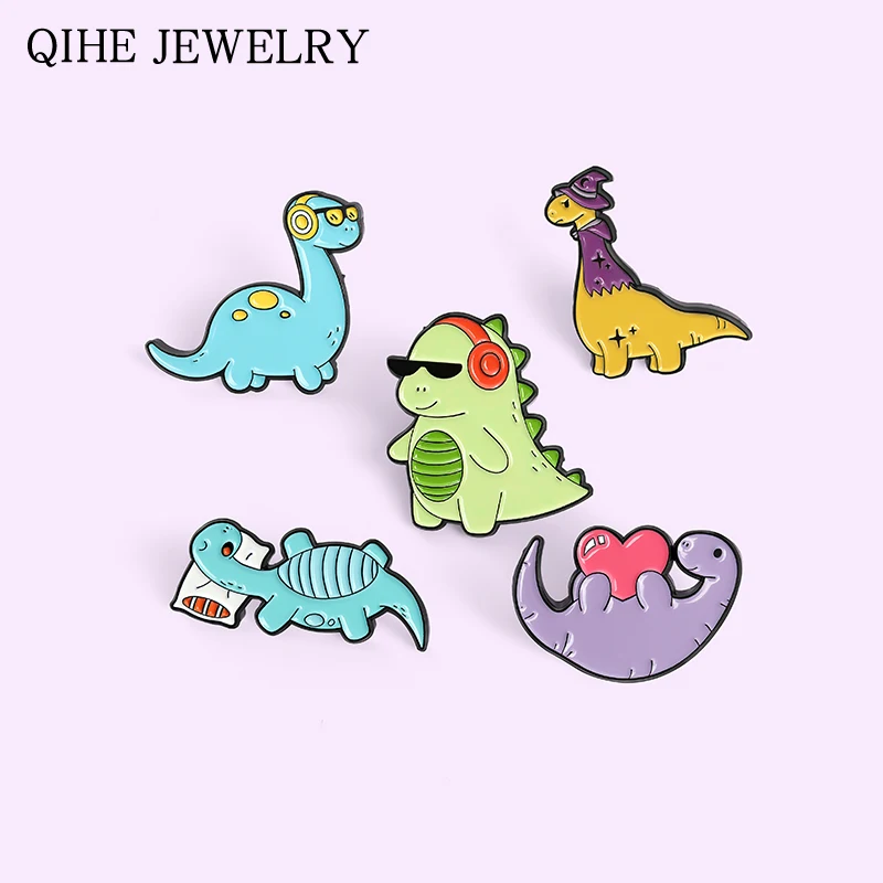 Мультяшный динозавр эмалевая булавка значок музыка Cryptoclidus Броши для детей