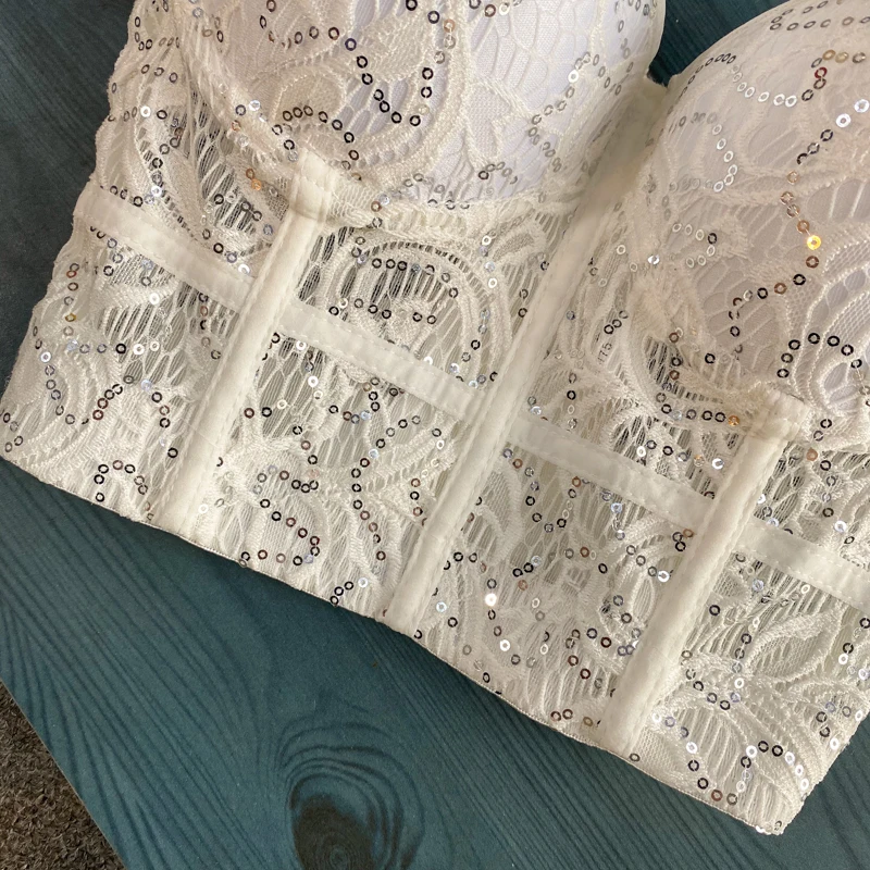 

Summer New Sexy Off Shoulder Sequin Top Bra Sleeveless Suspender Corset White Black Vest For Women Club Street 2021 Hot Girls