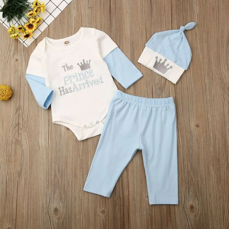 Toddler Baby Boy Letters Romper+Pants+Hat Suit Newborn Prince Has Arrived Bodysuit Trousers Crown Outfits Set 3Pcs |