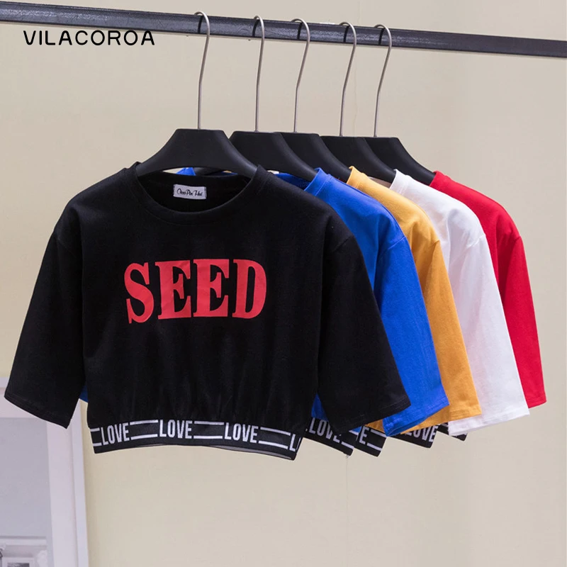 

Cotton T-shirts Women Clothing Summer Letter Pattern Tee Shirt Woman Tops O-Neck Short Sleeves Harajuku Skinny Female Crop top