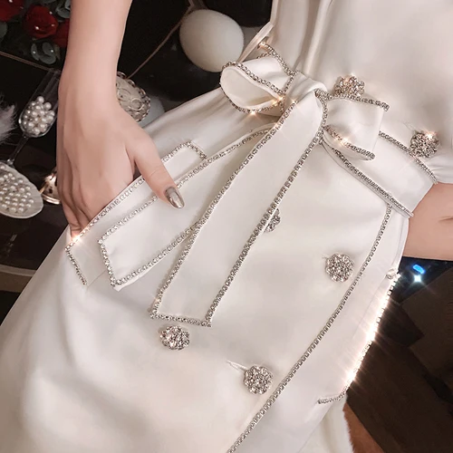 white vest dress Fashion Autumn Celebrity Lady's Water Drilled Diamond Double-breasted Suit Dress Slim Shiny Women Blazer Dress - Цвет: white vest dress