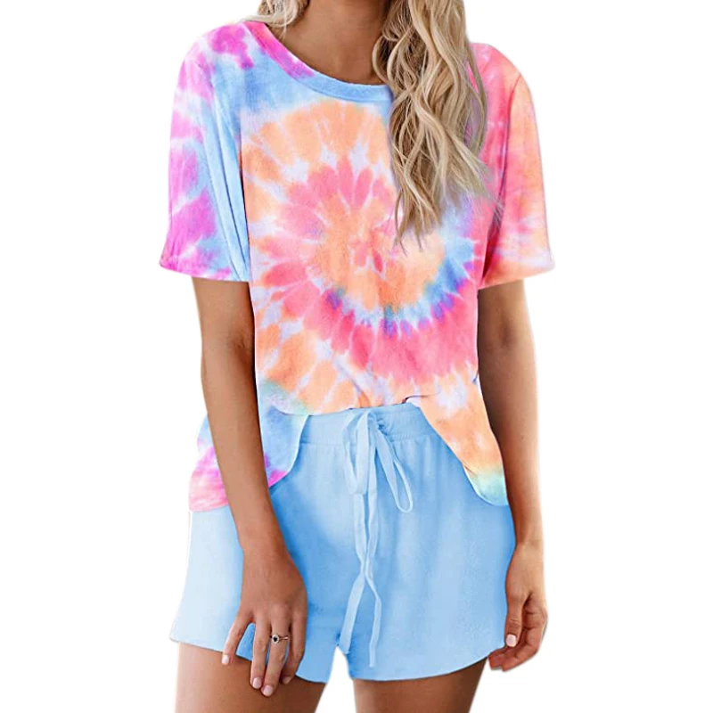 

2020 Tie Dye Pijamas Women 2 Pcs Drawstring Shorts and O-neck Top Sets Pijamas Women Pijama Short Sleep Tops and Shorts Set