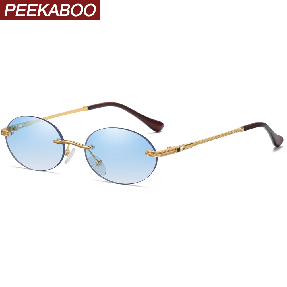 

Peekaboo vintage oval sunglasses rimless men small frame blue fashion round sun glasses for women metal gold uv400 frameless