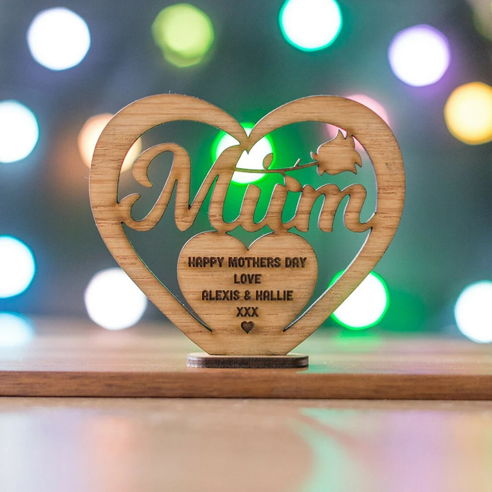 

Personalised Mothers Day Gift for Mum Wooden Heart Plaque Freestanding Gift