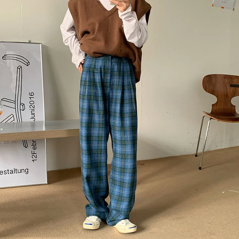 Новинка 2021 клетчатые брюки женские свободные прямые теплые повседневные для