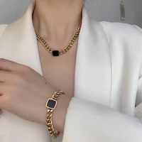 xiyanike 316l stainless steel new black enamel necklace bracelet cuban chain fashion jewelry set for women trend gift wholesale
