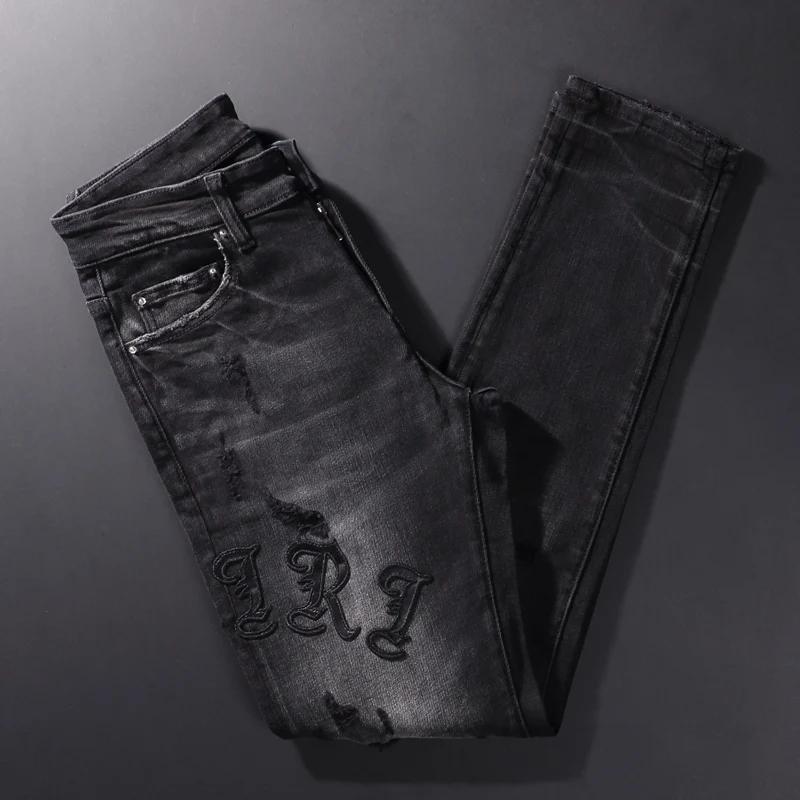 Street Style Fashion Men Jeans Black Color Elastic Slim Fit Destroyed Ripped Jeans Men Patches Designer Hip Hop Denim Punk Pants