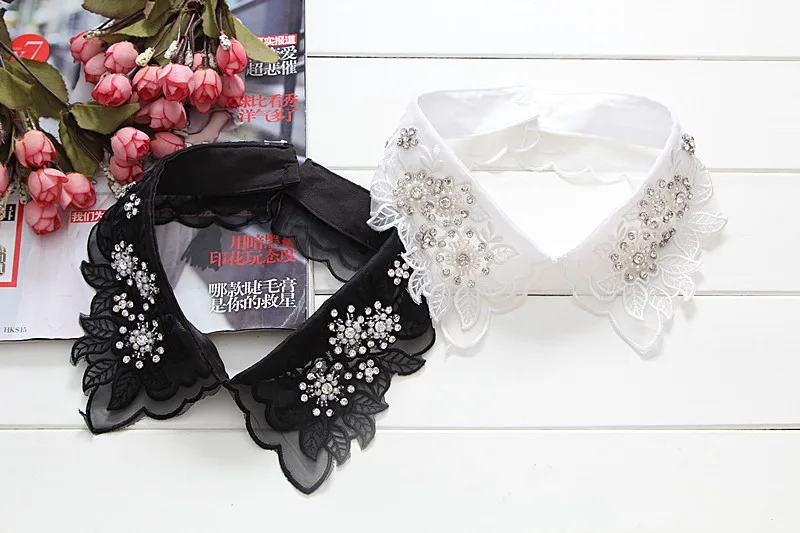 Linbaiway Women Cotton Fake Collar Handmade Beaded Detachable Solid Color Shirt Lace False Blouse Top Decoritive |