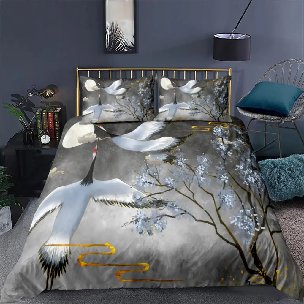 

Red-crowned Crane Bedding Set Animal Bird 3d Duvet Cover Sets Black Comforter Bed Linen Modern Luxury Gift For Adults Bedclothes