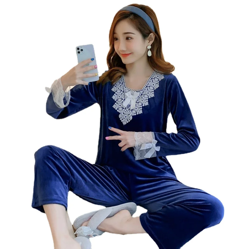 

Пижама женская с длинным рукавом, весна-осень 2021, золотистая бархатная женская ночная рубашка, кружевная Пижама с V-образным вырезом, костюм ...