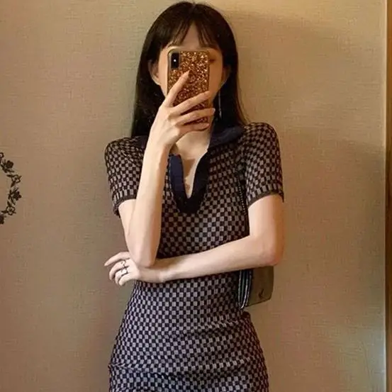 

polo knitted dress 2021 new waist slim temperament dress women summer