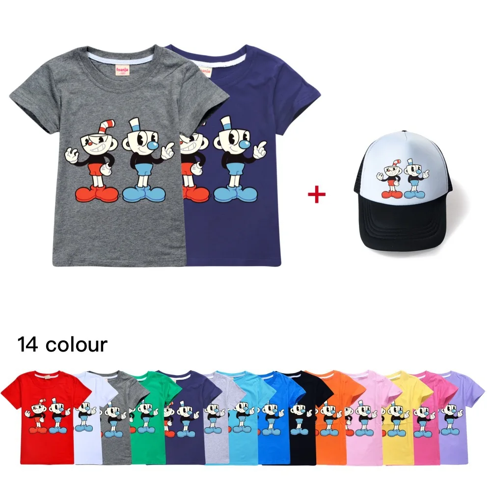 

Kids Summer Kawaii Clothing T-shirt for Girls + Hat Toddler Boy Short Sleeve Shirt Cuphead Kids Clothes Girls 10 To 12 Teenage