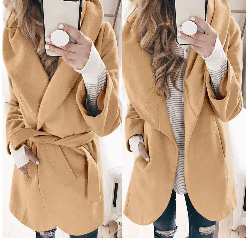 Женское зимнее шерстяное пальто с отворотом Свободный плащ на пуговицах верхняя