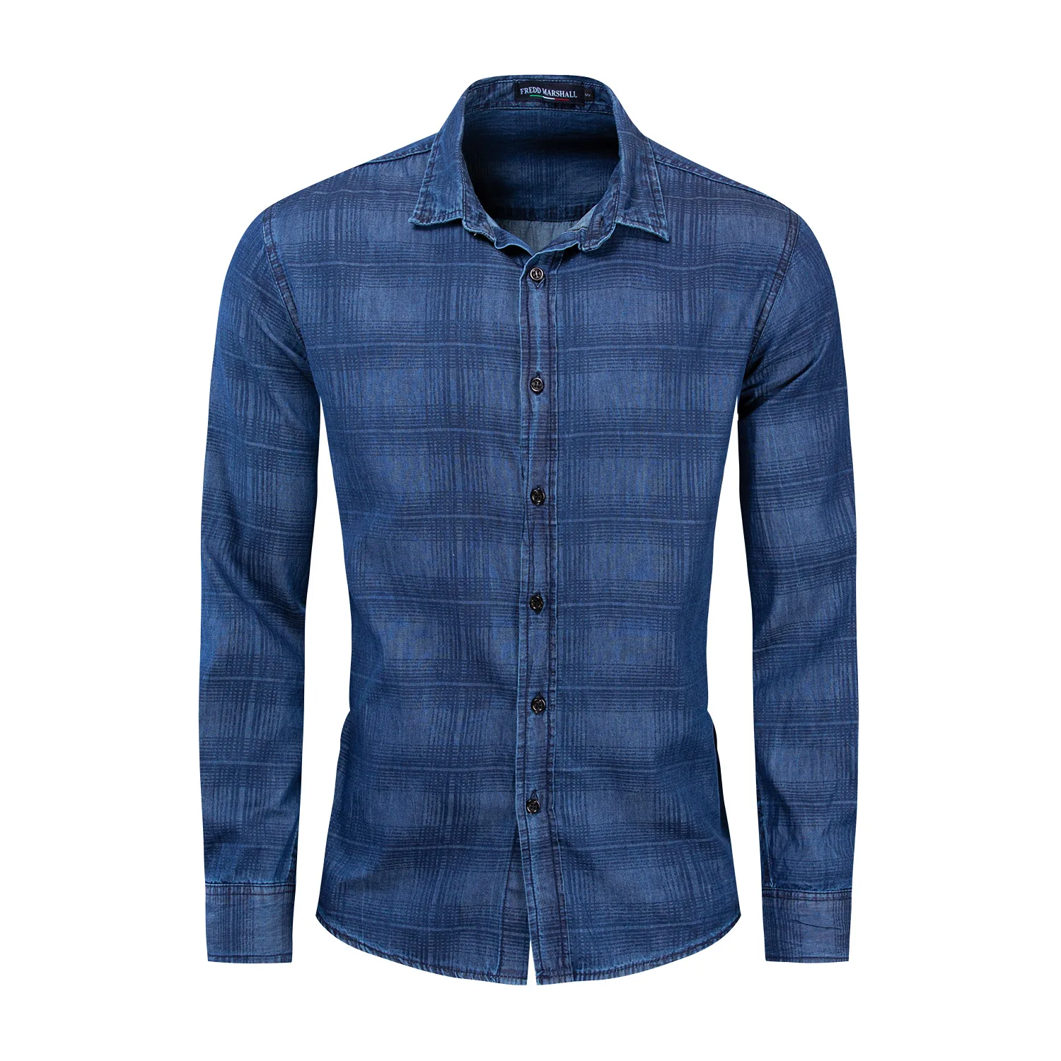 2020 Brand VISADA JAUNA Casual Plaid Denim Shirt Long Sleeve Korean Style Men Formal Jeans Shirts Cowboy Men Shirt