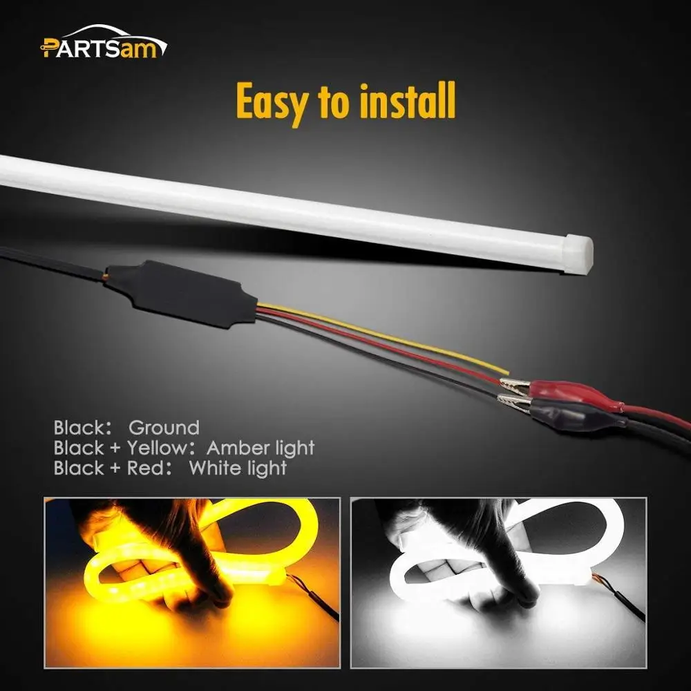 2X 45cm Illuminate White/Amber Switchback LED Strip Lights Headlight Side Glow, White-Amber Dual Color LED Strip Tube jk799