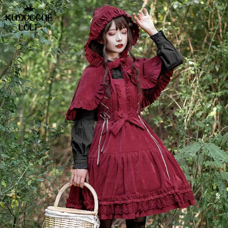 

Lolita Suspender JSK Dress Girls Corduroy Slim High Waist Corduroy Bow Ruffles Laces Optional Cloak Mantle Party Clothing Women